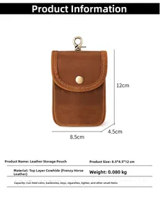 Macro view of vintage brown crazy horse leather waist bag with size 8.5x4.5x12cm