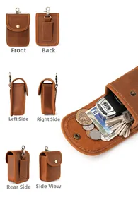 Detailed views of vintage crazy horse leather belt pouch with metal snap and carabiner