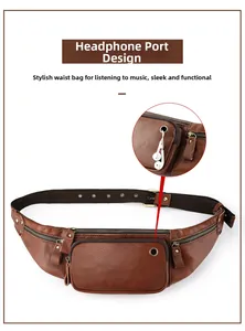 Detail showing the brown leather waist bag with a headphone jack and zipper pockets
