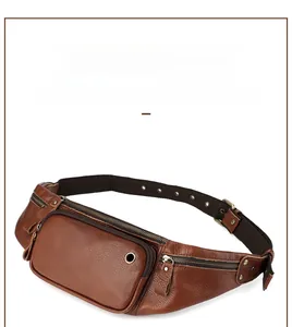 Detail of genuine leather waist bag showing multiple functional pockets and litchi texture