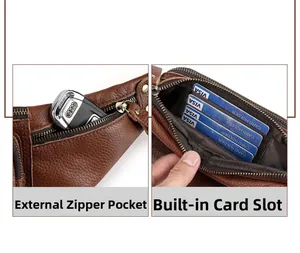 Detail of genuine leather waist bag featuring outer zipper pocket and four card slots