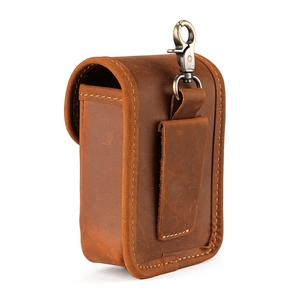 Vintage brown crazy horse leather waist bag for men with bronze metal spring hook