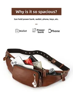Detailed view of brown leather chest bag showing large capacity with daily essentials