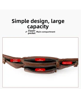 Detail of genuine leather waist bag with multiple zipper compartments and layered storage