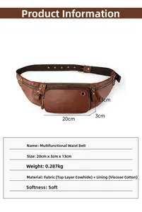Detailed view of brown leather belt bag with 20x13x3cm dimensions and weight specs