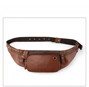 Detailed macro view of the brown leather waist bag texture and metallic earphone port
