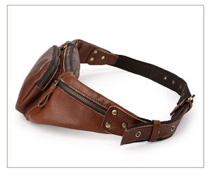 Detailed side view of dark brown genuine leather waist bag showing multi-compartment texture