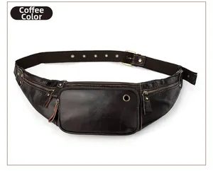 Detail of coffee brown leather waist bag with lychee texture and multiple zipper pockets