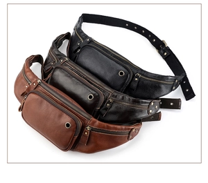 Detailed view of leather fanny packs in black, chocolate, and tan with metal accents