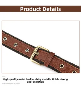 Macro detail of brown leather and black woven belt with antique bronze buckle