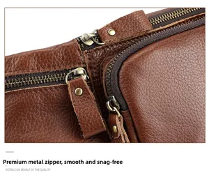 Detail of premium brown lychee leather and antique metal zippers on the shoulder bag