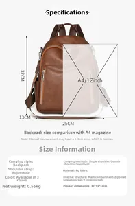 Maßangaben zum braunen Vintage-PU-Lederrucksack mit Multi-Taschen-Layout im Detail