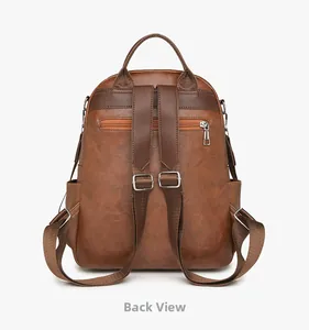 Rückansicht des braunen Kunstlederrucksacks mit verstellbaren Trägern und Reißverschluss