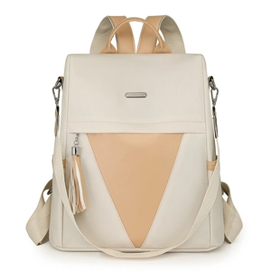 Women's color-block nylon backpack with triangle stitching and tassel pendant in beige