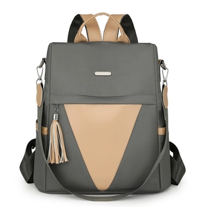 Fashionable dark grey and brown nylon women's backpack with adjustable straps