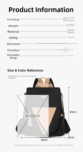 Nylon travel backpack size comparison against A4 magazine with detailed dimensions