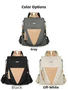 Three color options of gray, black, and beige nylon backpacks with decorative tassels