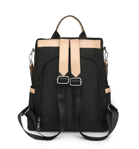 Detail view of water-resistant nylon backpack with anti-theft back pocket and leather trim