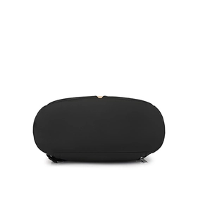 Detail view showing the wide reinforced bottom and durable nylon fabric of the black backpack