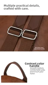 Detail eines braunen Lederrucksacks mit verstellbarer Metallschnalle und weichem Griff