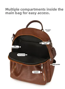 Brauner Vintage-Rucksack aus Kunstleder mit mehreren Innenfächern und silbernen Reißverschlüssen