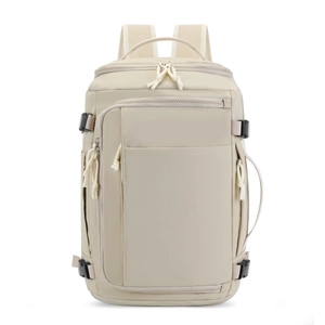 Detail view of large beige travel backpack featuring side buckles and durable nylon fabric