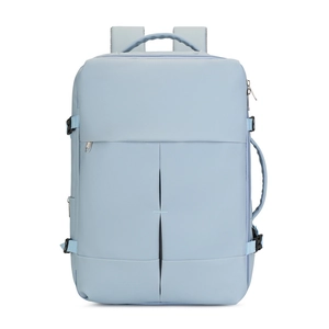 Light blue large capacity travel business backpack with multiple compartments and side handle