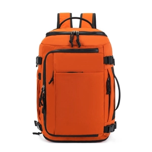 Large orange travel backpack with multifunctional compartments and breathable straps