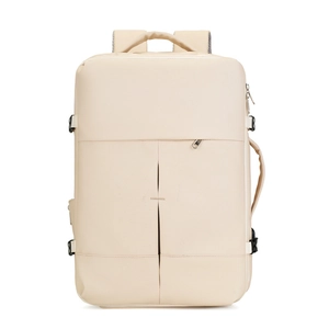 Cream large business travel backpack with shoe compartment and USB charging port