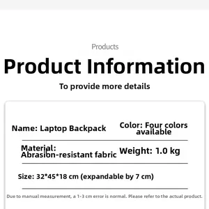 Detail view of durable travel backpack specs with expandable 7cm capacity and 1.0kg weight