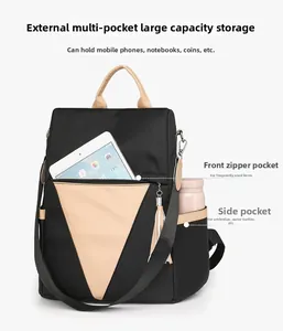 Detailed view of spacious nylon backpack with multi-pocket storage and leather accents