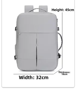 Detailed size specifications for the grey travel backpack showing 45cm height and 32cm width