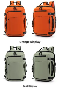 Detail view of large capacity travel backpacks in orange and cyan water resistant fabric