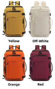 Detailed comparison of four multi-functional travel backpacks in yellow, beige, orange, and red