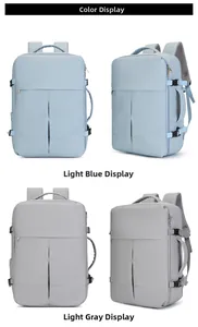 Business travel backpack in light blue and light grey with USB port and shoe compartment