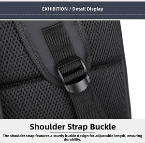 Close-up of durable shoulder strap adjustment buckle and breathable mesh on the backpack