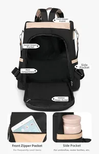 Detail view of large capacity nylon backpack showing multi-pocket storage and interior layout