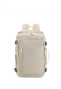 Detail view of beige multi-functional backpack with durable fabric and compression straps