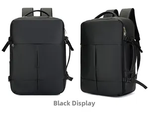 Detail view of black travel backpack showing dual handles and side buckles in two angles