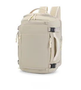 Detailed side view of beige multifunctional travel backpack with durable nylon zippers