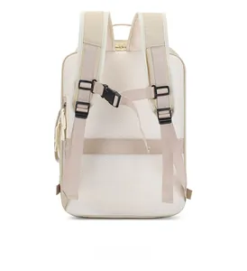 Close-up of breathable mesh back, padded S-straps and trolley sleeve on beige backpack