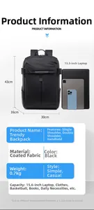 Gráfico detallado de dimensiones 43x30x16cm y capacidad para portátil de 15,6 pulgadas
