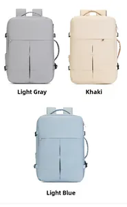 British style business backpack showing light grey, khaki, and light blue color options
