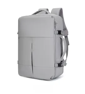 Detailed side view of the light grey business backpack featuring breathable mesh back padding