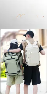 Outdoor leisure backpack with USB port and large capacity shown on male and female models
