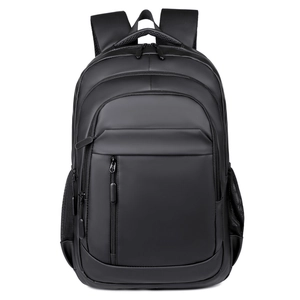 Black 15-inch laptop backpack with waterproof matte finish and multiple compartments