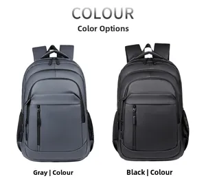 Front detail of grey and black 15-inch laptop backpacks with vertical zipper and mesh pocket