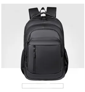 Front view of 15-inch business laptop backpack with multiple zippers and mesh side pockets
