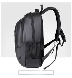 Side view of 15 inch laptop backpack with mesh water bottle pocket and zip compartments