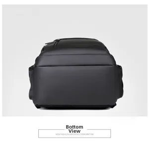 Detailed bottom view of 15 inch laptop backpack showing durable water resistant fabric